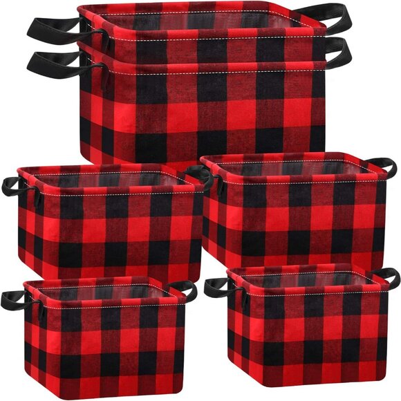 6-Pcs Buffalo Plaid Storage Baskets – Collapsible & Waterproof Organization